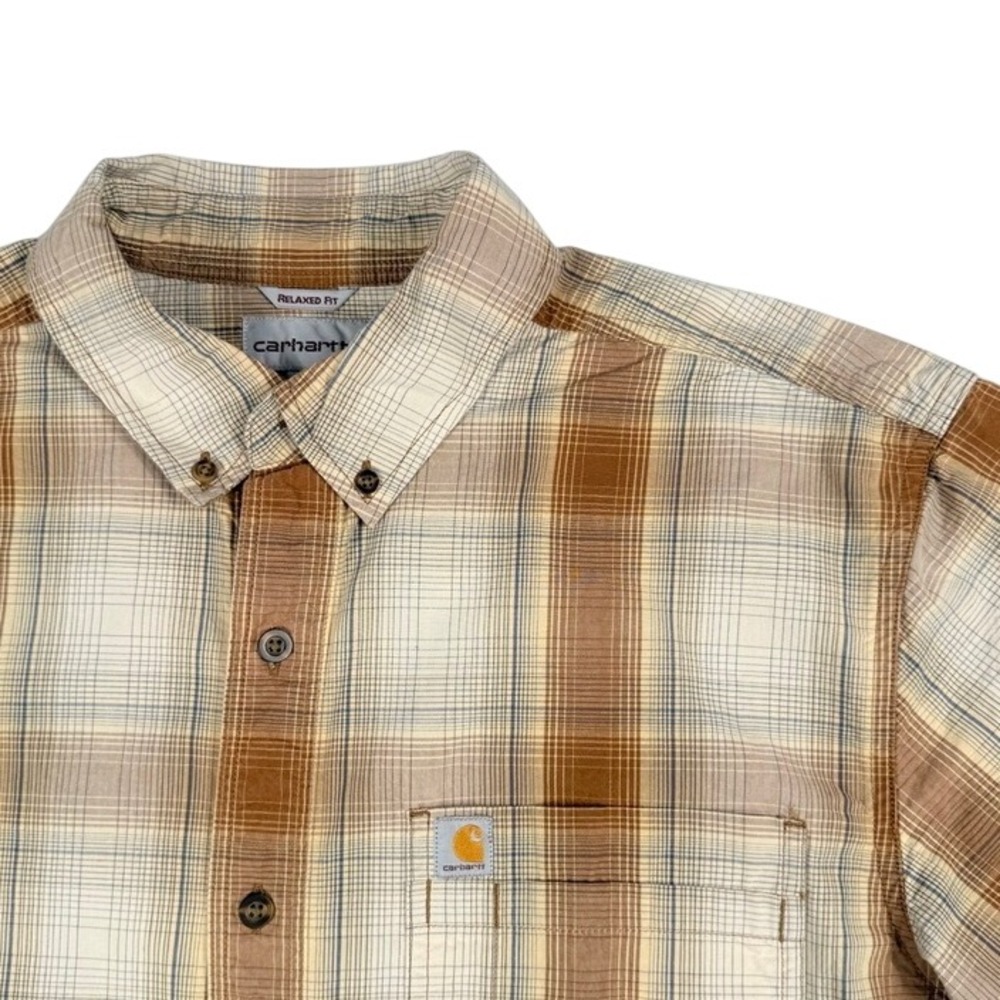 Carhartt Mens Relaxed Fit Plaid Short Sleeve Button Down Shirt Brown Sz Large